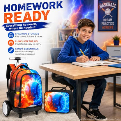 gxtvo Large Wheels & Quiet Glide | Rolling Backpack for Kids - Water-Resistant Wheeled Bag with Lunch Box for School, Travel & Outings - Fire & Lightning Baseball - color: Rolling Backpack Fire Lightning Baseball