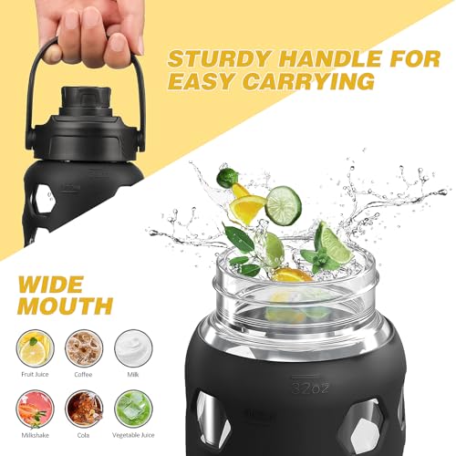 MUKOKO Glass Water Bottle, 32oz, Black | Glass Tumbler with Straw, Drinking Bottles with 2 Lids-Handle Spout Lid & Bamboo Straw Lid, Silicone Sleeve, 1 Pack - color: Black, size: 32 Ounces