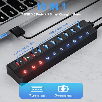 ONFINIO Powered USB Hub, 10-Port USB Splitter Hub | (7 Faster Data Transfer Ports+ 3 Smart Charging Port) with 12V/3A Power Adapter USB Extension for Mac, PC and More - style: 10 PORT QC 3.0