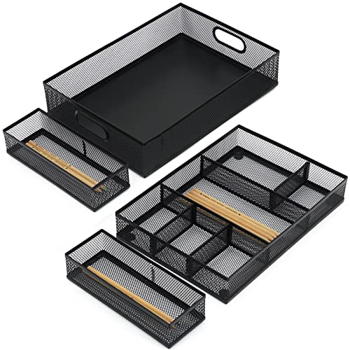 Neudeco Desk Drawer Organizer, 4 Pack Metal Mesh, Black | Adjustable Dividers, Stackable, Pen Organizer, Office Supplies Organizer