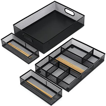Neudeco Desk Drawer Organizer, 4 Pack Metal Mesh, Black | Adjustable Dividers, Stackable, Pen Organizer, Office Supplies Organizer