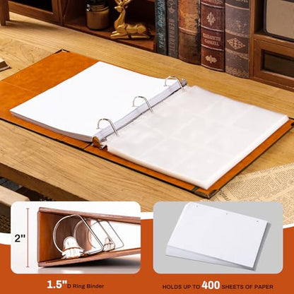 Ovesmusl Leather D Ring Binder Fits 8.5"x11" Letter Size Paper, 1.5 Inch D-Ring Binders Holds 400 Sheets, Notepad Paper Cover Loose Leaf Organizer with Inner Pockets, Brown Tree - color: Brown, size: 1.5 inch, style: 1 Pack