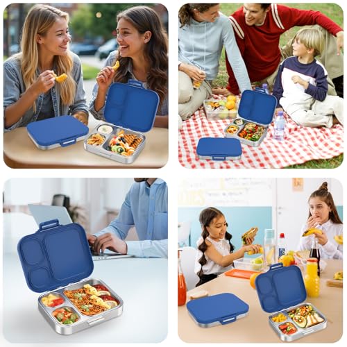 Pawtong Stainless Steel Bento Lunch Box for Kids | 3-Compartment Lunch Box Container Kids | 100% Leakproof, Eco-Friendly, Perfect Portion Control for Kids&Adult Healthy Meals (Blue) - color: Blue