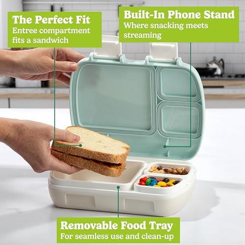 Tasty Bento Style Lunch Box, 4 Compartments with Built-In Phone Stand, BPA-Free Plastic, Portable Food Storage Container, Cream - color: Cream