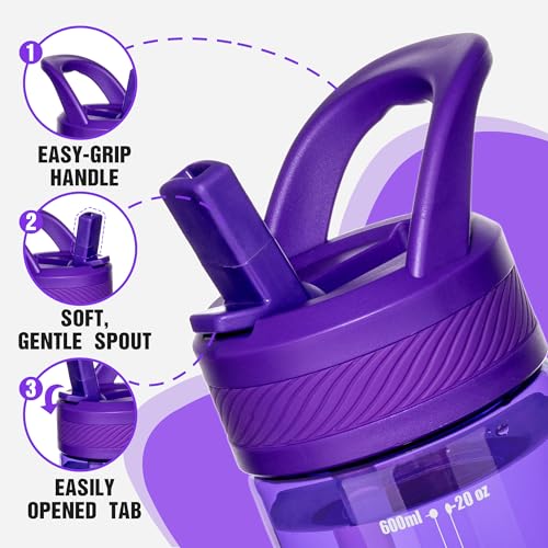 OLDLEY 20oz Kids Water Bottle with Straw, BPA-Free Tritan Water Bottle for School, Leakproof Clear Water Bottle with One Click Open, Measurement Scale, Cup Holder Friendly for Boys Girls,Deep Purple - color: Deep Purple