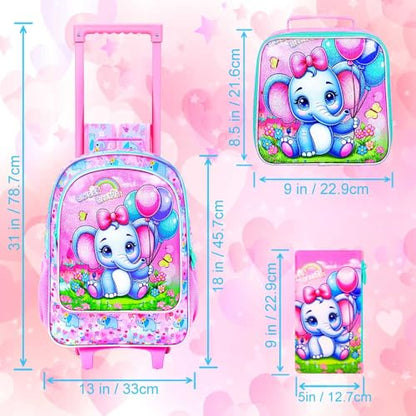 CCJPX 3PCS Rolling Backpack for Girls,Kids Backpacks with Roller Wheels and Lunch Box, Wheeled Bookbag for Toddler Elementary School - color: Pink Elephant