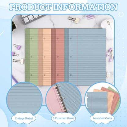 200 Sheets Half Letter Lined Paper 5.5 X 8.5 In Colored Notebook Paper College Ruled Loose Leaf Paper 3 Hole Punched Half Mini Binder Inserts Fit 3 Ring Binder for School Office