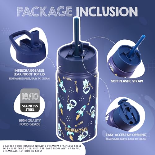 FAHRMOSIS 14 OZ Kids Water Bottle with Straw & 2 Lids (Flip & Spout) Leak Proof Metal Insulated Stainless Steel Reusable Tumbler for School & Sports Water Bottle - Black (Space) - color: Black(Space), style: Water Bottle - 14 OZ