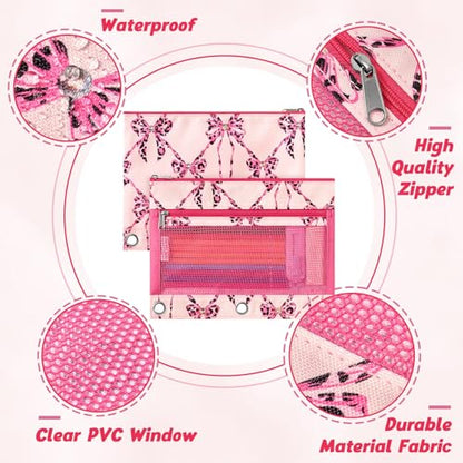 WAWSAM Bow Pencil Pouch for 3 Ring Binder, Binder Pencil Pouches with Zipper, Pencil Case with Clear Window, Cosmetic Bags for Office Supplies - color: Bow-knot