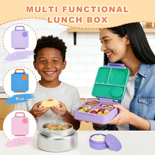 FOOYOO Bento Lunch Box Set for Kids & Adults, Leakproof 4-Compartment Container with Insulated Stainless Steel Food Jar, Utensils, BPA-Free, Microwave & Dishwasher Safe for School Work Travel（Blue） - color: Blue