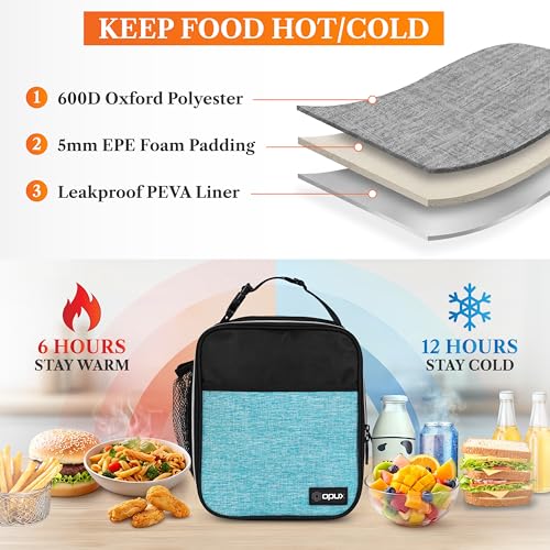 opux Insulated Lunch Bag for Kids Boys Girls, Small Compact Lunch Box with Wide Opening & Mesh Pockets, Reusable Lunch Pail for School, Work, Adults, Men, Women, Turquoise - color: Heather Sea Blue
