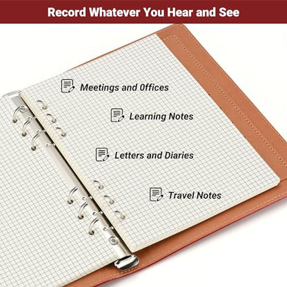 Beige A5 6-Hole Grid-Ruled Loose Leaf Refill Paper(Pre-Punched) Fits A5 6-Ring Binder, 100GSM Thick No Bleed-through Sheets, Double Sided Writing for Fountain Pen & Gel Pen - size: Grid-A5