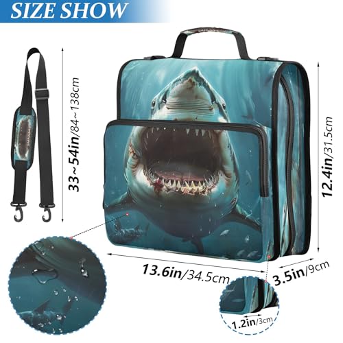 3 Ring Zipper Binder Shark Binder Organizer Portfolio with File and Shoulder Strap & Handle Large Capacity File Folder - color: Shark