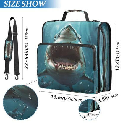 3 Ring Zipper Binder Shark Binder Organizer Portfolio with File and Shoulder Strap & Handle Large Capacity File Folder - color: Shark