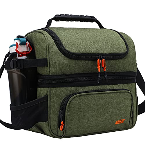 MIER Lunch Box for Men Dual Compartment Adult Lunch Bag for Work Army Green | Leakproof & Insulated; Lunchbox Cooler Tote with Side Bottle Holder; Detachable Shoulder Strap with Pad; Multi-Pockets - color: Green