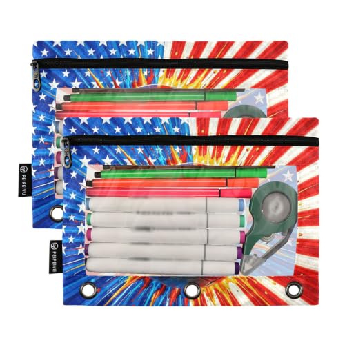 Gredecor 3 Ring Binder Pencil Pouch, American Flag Soccer Ball Zippered Pen Case Pouches with Clear Window, 2 Pack Stylish Office & School Supplie - color: American Flag Soccer Ball
