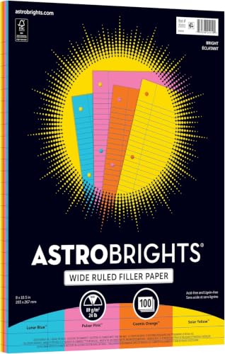 Astrobrights Filler Paper, 8" x 10 1/2", Wide Ruled, 20 Lb | FSC Certified | Assorted Colors | 100 Sheets, Pack of 6 - size: pack of 600 sheets