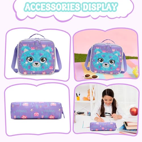 Meetbelify Rolling Backpack for Girls 3D Carton Backpack with Wheels for Elementary Student Kids Plush School Bag with Lunch Box Pencil Case for Girls Ages 6-8 Years Old - color: Blue