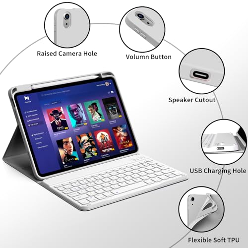 kenke for iPad 11/10th Gen Case with Keyboard 11/10.9 inch 2025 A16/2022, Detachable Wireless Bluetooth Keyboard Case with Bulit-in Pencil Holder, White Square Keycaps (Gray - color: Gray