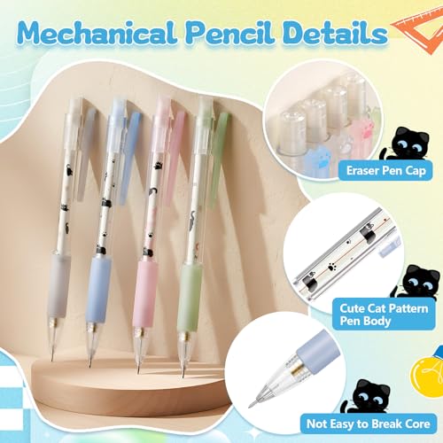 11 Pcs Black Cat Mechanical Pencil Set, 4 Mechanical Pencils 0.5mm, with 4 2B Lead Refills and 3/5 Erasers Christmas Stocking Stuffers for Women Cats Lovers Gifts (Cat) - style: Cat
