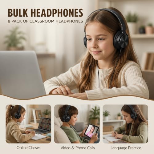 8 Pack Classroom Headphones Bulk, Headphones for Kids, Students On Ear Headsets, 3.5mm Jack Over-Ear Headphones Wired School Supplies, Adjustable Fit