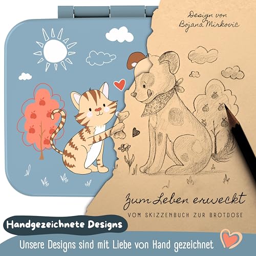 BEARFOOT Kids Lunch Box with Compartments – Compact & Lightweight | Leak-Proof, BPA-Free, Dishwasher Safe | Hand-Drawn Design for Preschool, School, Travel (Dog & Cat Blue, 2.75 Cups) - color: Dog&Cat-Blue, size: 2.75 Cups