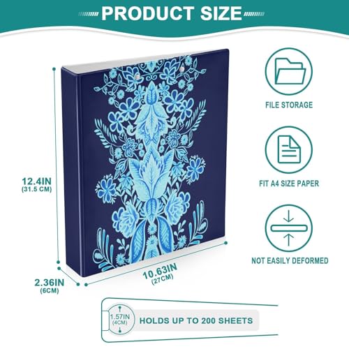 3 Ring Binder with Clipboard, D Rings Holds 200 Sheets, Heavy Duty Binders Folder for School Office, Waterproof PVC Cover with 3 Interior Clear Pockets, Midnight Blossoms