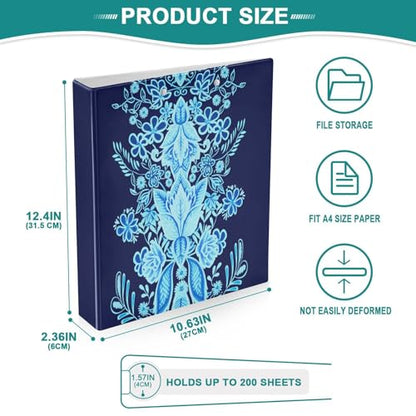 3 Ring Binder with Clipboard, D Rings Holds 200 Sheets, Heavy Duty Binders Folder for School Office, Waterproof PVC Cover with 3 Interior Clear Pockets, Midnight Blossoms