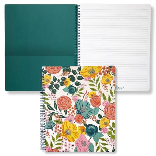Steel Mill & Co. Cute Floral Large Spiral Notebook, Garden Blooms (Cream) | 11" x 9.5" Journal with Durable Hardcover, 160 College Ruled, Perforated Pages, Rounded Corners, and Pocket Page - color: Garden Blooms (Cream)