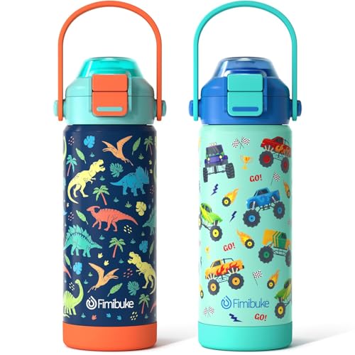 Kids Insulated Water Bottle with Pop-Open Straw & Spout 2-in-1 Lid, 18oz Leak Proof 18/8 Stainless Steel Vacuum Tumbler, BPA-Free Kids Cup For Travel School Boys Girls Toddler, Dinosaur & Monster Car - color: A4.Dinosaur+Monster Car, size: 18 Ounces