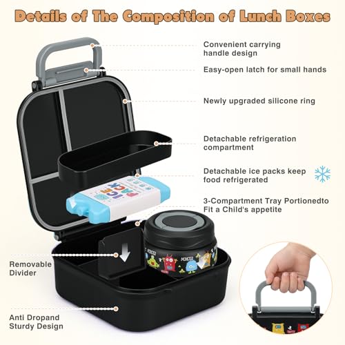 Bento Lunch Box for Kids with 7oz Soup Thermo,Insulated Stainless Steel Kids Water Bottle with Straw and Insulated Lunch Bag,Leak-Proof Lunch Food Container with Ice Pack for School(Black-Cute) - color: Black-Cute