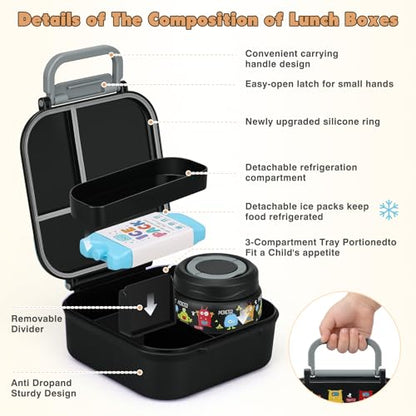 Bento Lunch Box for Kids with 7oz Soup Thermo,Insulated Stainless Steel Kids Water Bottle with Straw and Insulated Lunch Bag,Leak-Proof Lunch Food Container with Ice Pack for School(Black-Cute) - color: Black-Cute