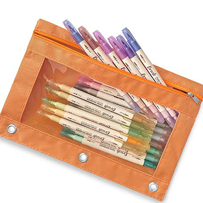 Pencil Pouch 3 Ring Binder,3 Packs Binder Pencil Case with Zipper Closure, Multi-Color Big Capacity Pencil Case, Clear Window Binder Pencil Pouch, Pencil Bag with 3 Re-enforced Grommets. Burnt Orange