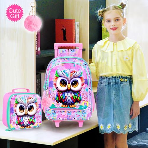 HPJGD 3PCS Owl Rolling Backpack for Girls, Kids School Backpacks with Wheels, Water Resistant UV Printed Roller Wheeled Bookbag Set - color: Glittering UV Priting Owl Pink Rolling Backpack