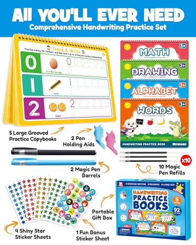 Magic Grooved Writing Practice Books for Kids, Large Grooved Handwriting Copybook, Reusable Learn to Write Number Letter Preschool Tracing Workbook for Kids Ages 3-8, Birthday Gifts Toys