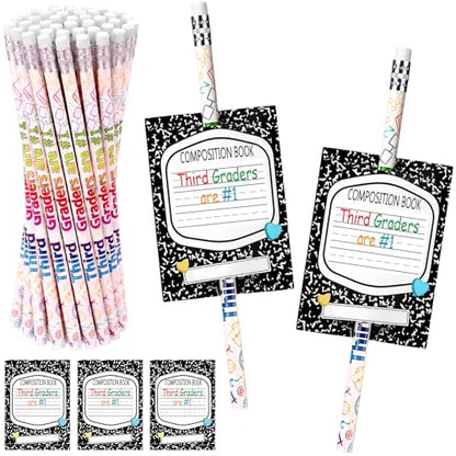 Tenceur 24 Set/48 Pcs Back to School 3rd Graders Pencils and Cards Set, Third Grade Motivational Wooden Pencil with Erasers, Composition Book Greeting Note for Student Classroom Reward Gift - style: 3rd Graders