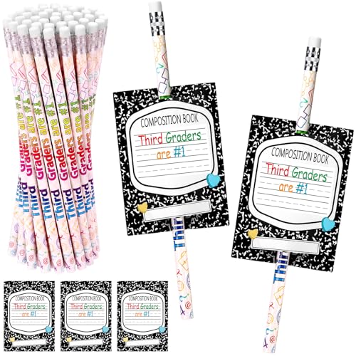 Tenceur 24 Set/48 Pcs Back to School 3rd Graders Pencils and Cards Set, Third Grade Motivational Wooden Pencil with Erasers, Composition Book Greeting Note for Student Classroom Reward Gift - style: 3rd Graders