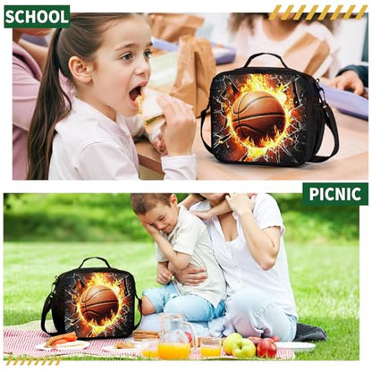 Fire Basketball Lunch Box for Boys Girls Black Lunch Bag with Shoulder Strap for Kids Teens Durable Large Capacity Insulated Lunchbox Thermal Meal Bag for School Picnic - color: A-S-basketball