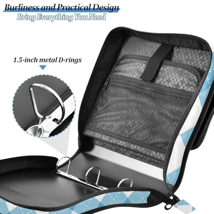 Argyle Blue and White Zipper Binder 3 Ring 1.5 Inch School Binder Organizer with Shoulder Strap Handle File Folder Pockets Large Capacity Students Girl Boy Men Office Work - color: Argyle Blue and White