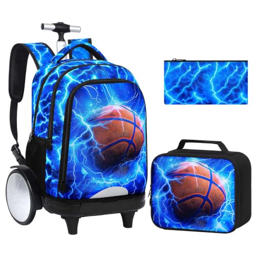 UFNDC Big Wheel Boys Backpack with Wheels, Water-Resistant Rolling School Bag with Lunch Box & Pencil Case, 3-Pack Kids Wheeled Bookbag Travel Set - Lightning Basketball - color: Rolling Backpack Lightning Basketball Blue