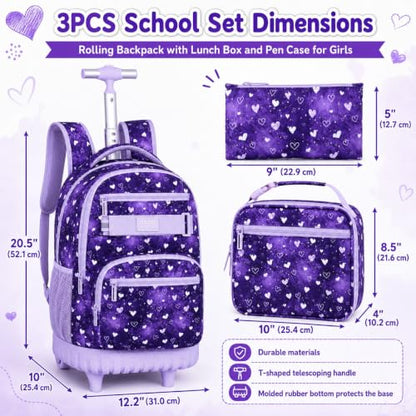 3Pcs Rolling Backpack for Girls, 19" Kids Wheeled Bookbag with Lunch Box, Roller Bag for Elementary Travel (Purple) - color: Starry Sky Purple