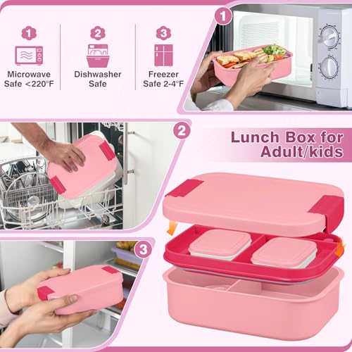 Bento Lunch Box Set with 10.5oz Soup Thermo Food Jar for Adults Kids, Stainless Steel Leak-proof Lunch Container with 4 Compartment, Coffee Tumbler with Lunch Bag for School Travel Office-Pink - color: Pink