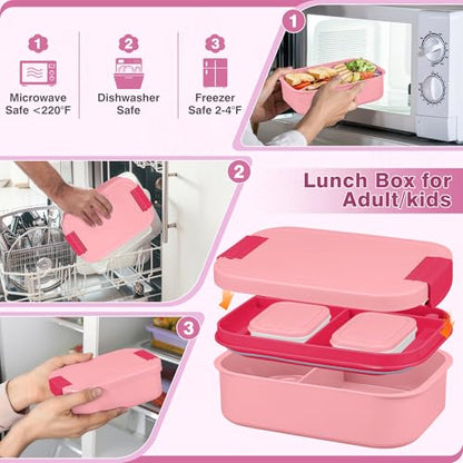 Bento Lunch Box Set with 10.5oz Soup Thermo Food Jar for Adults Kids, Stainless Steel Leak-proof Lunch Container with 4 Compartment, Coffee Tumbler with Lunch Bag for School Travel Office-Pink - color: Pink