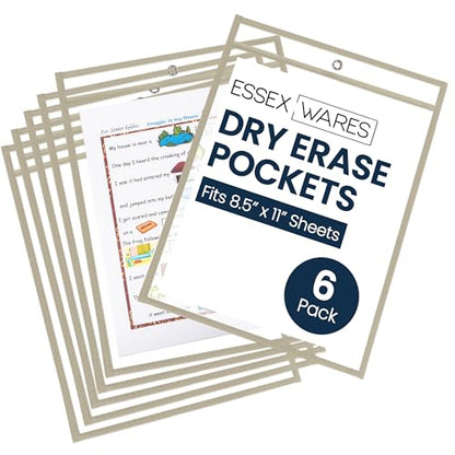 Essex Wares - 6 Pack, Beige, Durable Water-Resistant Dry Erase Pocket Document Protectors, 10" Wide x 13.5" Tall - Dry Erase Clear Plastic Sleeves - Reusable & Easy Erase Plastic Invoice Holders - color: Beige