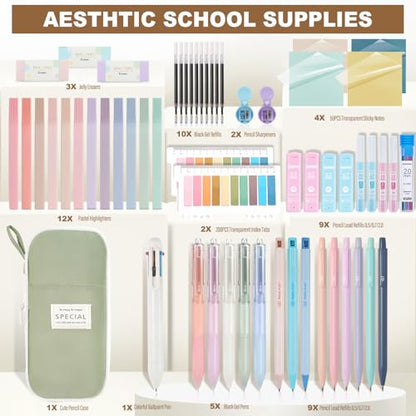 58 PCS Aesthetic School Supplies with Cute Pencil Case,12 Pastel Highlighters, 5 Gel Pens Black Ink，9 Mechanical Pencils for， Student Stationary ，CollegeEssentials Gifts (Green) - color: Green