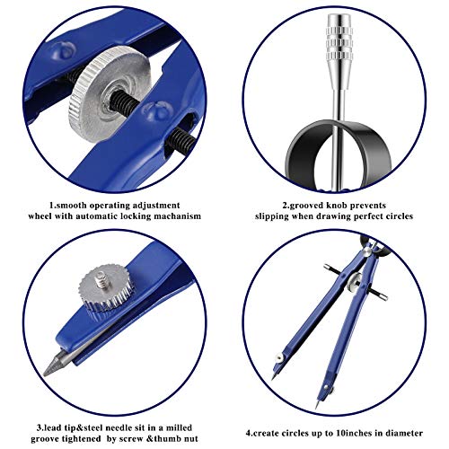 Zonon Professional Compass for Geometry, Metal Drawing Compass Drafting Tool Back to School Supplies with Extra Refills for Office Drafting Drawing Woodworking, Silver, Blue(20 Pieces)
