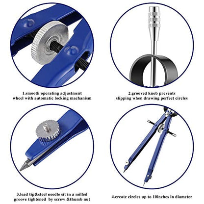 Zonon Professional Compass for Geometry, Metal Drawing Compass Drafting Tool Back to School Supplies with Extra Refills for Office Drafting Drawing Woodworking, Silver, Blue(20 Pieces)