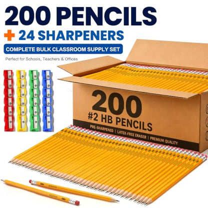 Pre-Sharpened Pencils Bulk Wood-Cased #2 HB Pencils 200 Count 24 Sharpeners | Pencils Bulk, Classroom Use, Back to School Supplies, Writing Drawing Sketching, Yellow #2 HB Pencils with Erasers in Box