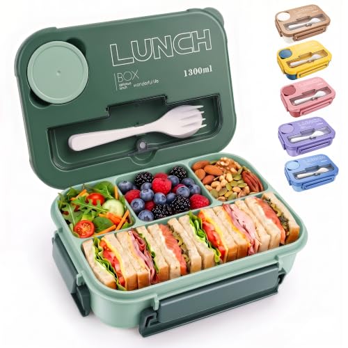 Bento Box Adult Lunch Box, Lunch Containers for Adults 44.5 Oz/5 Cup, Green | BPA-Free, Lid-Top Sauce Tray, Leak-Proof, 1300mL, Removable Silicone Sealing Ring, Lid-Top Utensil Slot with Included Cutlery - color: Green