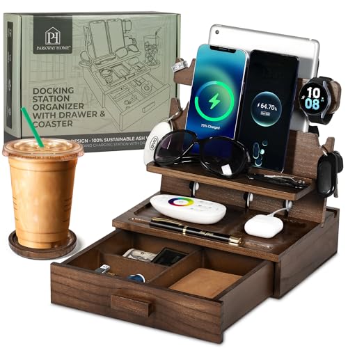 Wood Phone Docking Station for up to 3 Phones, Samsung Galaxy Watch Compatible Nightstand Organizer with Drawer for Valuables for Men & Women, Holds Phones, Tablets, Keys, Rings, Glasses, Watches, EDC - color: Brown, size: Standard Drawer, For Galaxy Watc
